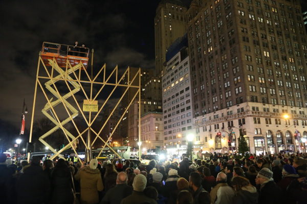 The world’s largest Hanukkah menorah at Fifth Avenue at Central Park in New York City on the first night of Hanukkah, December 24th, 2016