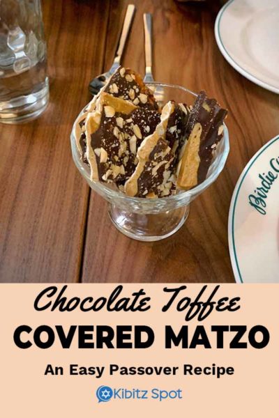 A serving bowl of chocolate toffee covered matzo