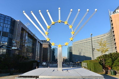 Large outdoor menorah with the EU symbol in the centre, in Brussels, Belgium