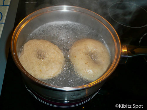 Bagel dough on the stove as part of our boiled bagel recipe