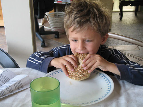 Boy eating a bagel like a sandwich, holding it in his hands.