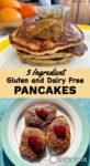 Two serving suggestions for 3 ingredient gluten and dairy free pancakes, one image with pancakes topped with kaya and the other image with pancakes topped with strawberry jam