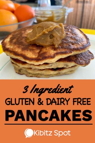 A stack of 3 ingredient gluten and dairy free pancakes topped with kaya