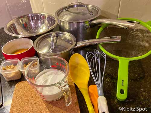 All the ingredients and supplies needed to follow the kaya recipe and make coconut jam