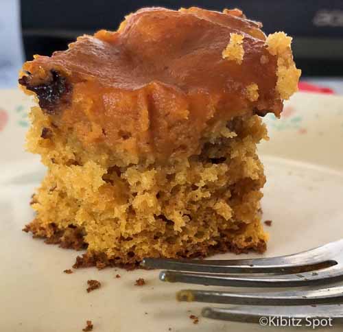 Half eaten slice of gluten free pumpkin cake and the fork