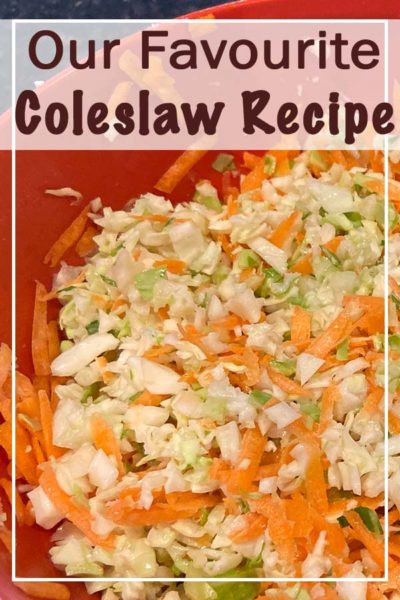 A closeup view of a bowl of freshly made coleslaw