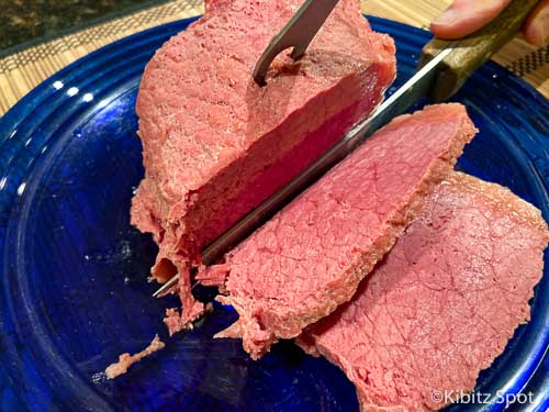 The first slices from our homemade corned beef recipe