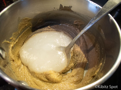 Adding the sugar mixture to the tahini