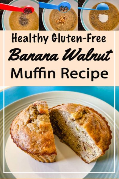 Step by step photos show how to make a gluten free banana walnut muffin