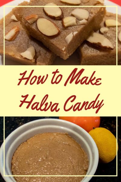 Pieces of halva cut up and the container in which they are made