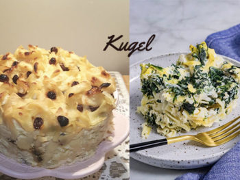 two different kugels on plates, one is a gluten free kugel, the other has spinach