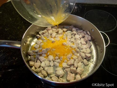 Pan fried chicken and egg, part of our gluten free pad thai recipe