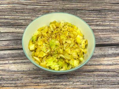 Our Vegan Cabbage Stir Fry in a white bowl