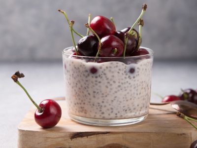 coconut yogurt chia pudding with cherries