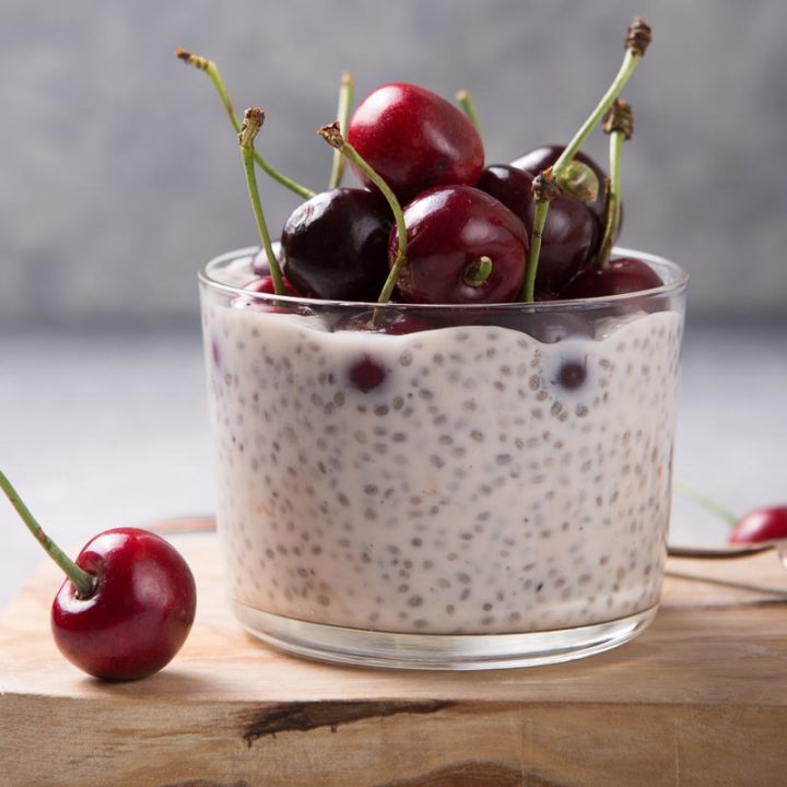 coconut yogurt chia pudding with cherries