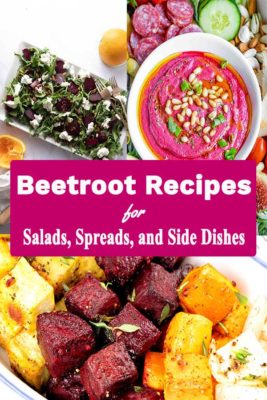 A collage of three different beetroot dishes: a salad, hummus and roasted beetroot.