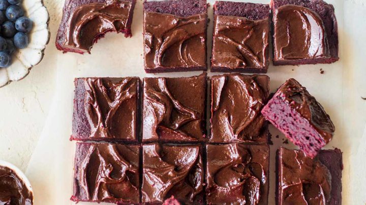 vegan beetroot brownies with avocado frosting.