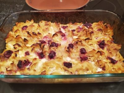 Cherry Kugel in a pan