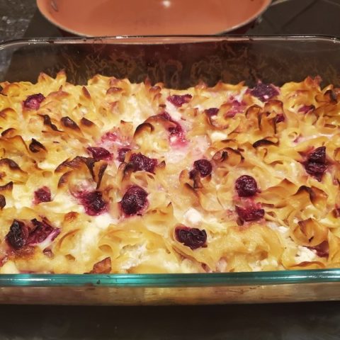 Cherry Kugel in a pan