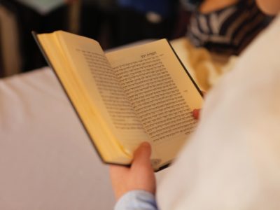 A person holding and reading a machzor during high holiday prayer, perhaps at their prayer space at home