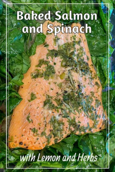 Baked salmon with spinach, lemon and herbs  in a pan