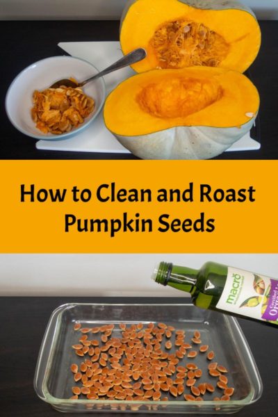 Steps showing how to clean pumpkin seeds and roast them