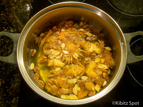 Pumpkin seeds and pulp boiling in water