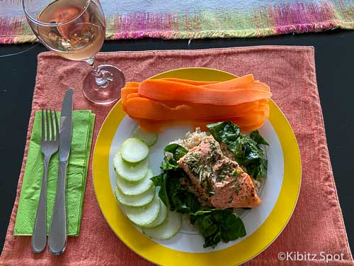 Baked salmon and Spinach with a glass of wine.