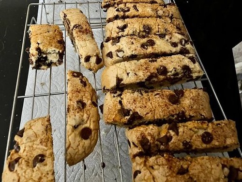 Freshly baked  mandel bread on the cooling rack. 