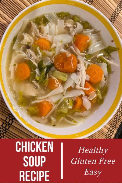 A bowl of gluten-free chicken soup made with rice noodles