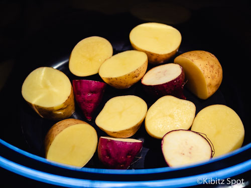 Potato and sweet potato in a ceramic dish