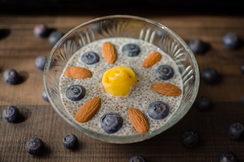 Bowl of chia pudding with almonds and mango
