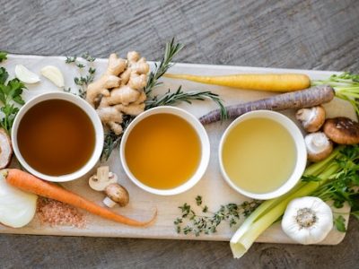 Three bowls of gluten free chicken stock