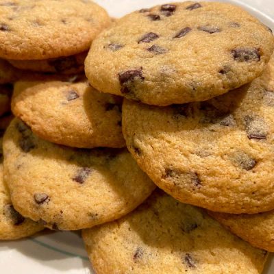 Gluten free low fodmap chocolate chip cookies on a plate