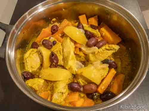 A pot of preserved lemon chicken tagine ready to serve.