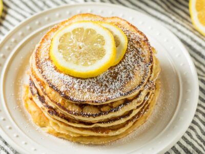My sister's gluten-free lemon pancakes with powdered sugar