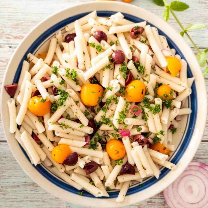 Bowl of vegan gluten-free pasta salad