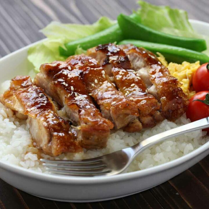A plate of gluten-free teriyaki chicken over rice.
