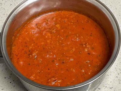 A pot of our marinara sauce with Italian sausage taste