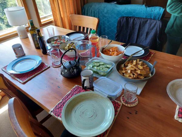 A shared meal featuring our a tempeh version of this recipe