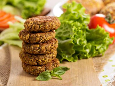 A burger stack made from some of our gluten free veggie burger recipes.